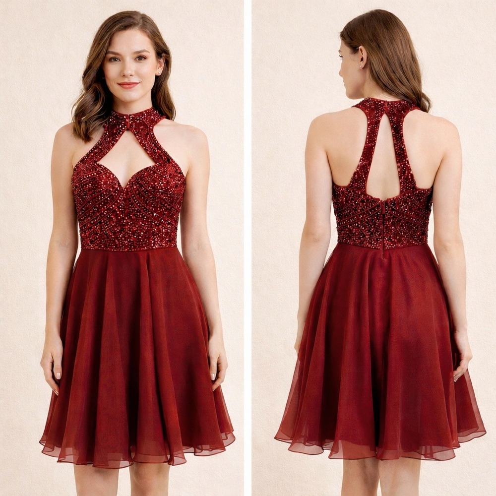 Sherri Hill Red‎ Halter Fit & Flare Cocktail Dress Women's Size 2 Beaded Formal